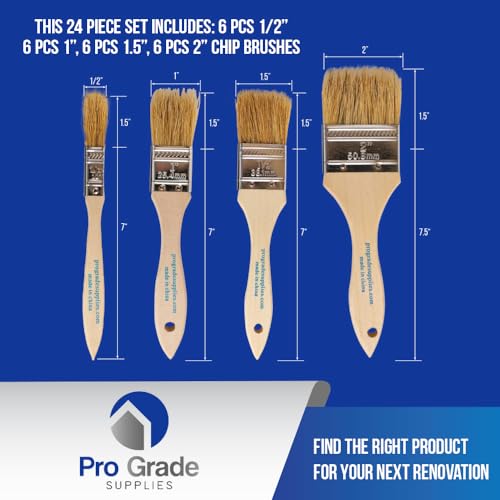 Pro Grade - Chip Brush – Paint Brush Set – 24 Pack - Natural China Bristle Paintbrush Set for Art, Craft, Epoxy, Varnish, Resin, Stain, Glue, Gesso, Primer, Acrylic and Oil Paint - size: 24Pc. Var.