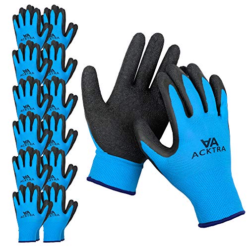 ACKTRA Coated Nylon Safety WORK GLOVES 12 Pairs, Knit Wrist Cuff, Multipurpose, for Men & Women, WG008 Blue Polyester, Black Latex, Large - color: Blue / Black, size: Large (Pack of 12)