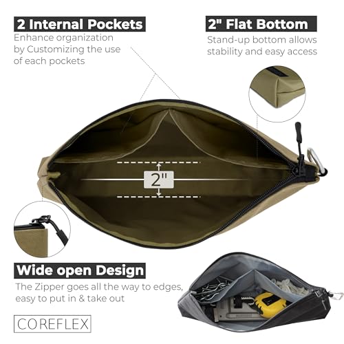 COREFLEX Premium Tool Pouch Zipper Bag, Small Tool Bag, Multipurpose Storage pouch, Heavy duty Flat Bottom Tool bag with YKK Zipper (3 pack Large 12inch) - size: 3 Pack Large 12inch Khaki