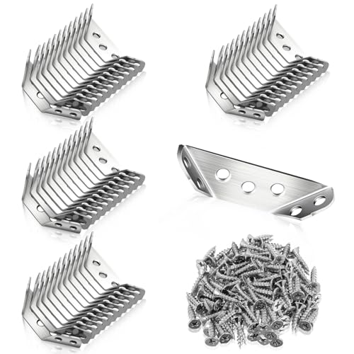 Yaocom 50 Pcs Universal Stainless Steel Furniture Corner Connectors with Screws Heavy Duty Triangular Support Brackets for Wood Furniture, Drawers, Cabinets, Tables, and Chairs