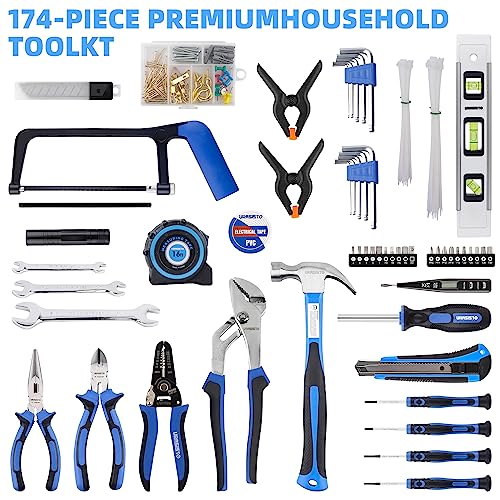 URASISTO 174-Piece Premium Tool Kit, Household Repairing Tool Set with 14 Inch Large Mouth Open Storage Tool Bag