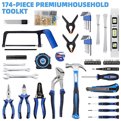 URASISTO 174-Piece Premium Tool Kit, Household Repairing Tool Set with 14 Inch Large Mouth Open Storage Tool Bag