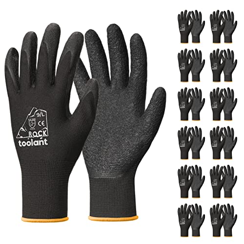 toolant Crinkle Latex Work Gloves Bulk, Rubber Coated Safety Work Gloves for Men and Women, 12 Pairs for Construction, Gardening, Warehouse (Black, Large) - color: Black, size: Large