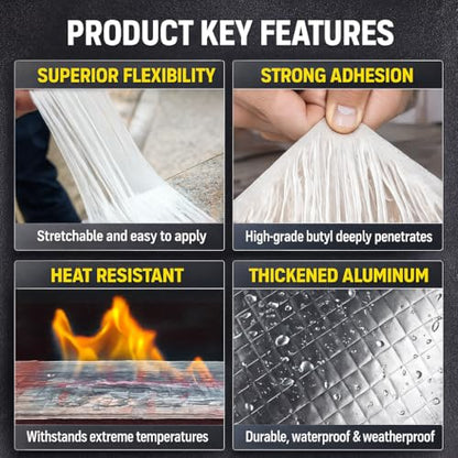Butyl Waterproof Tape, 4" x 16' Aluminum Foil Sealant Tape for Leak-Proof Patching of Windows, Glass, Boats, Pipes，RV Roof & EPDM Roofs – Silver