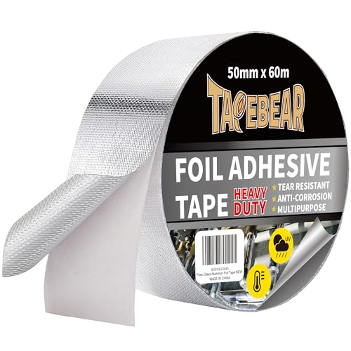 TAPEBEAR Aluminum Foil Heat Shield Tape 2inch x 65Yards, Aluminized Fiberglass Cool Tape 5.5mil Thick Heat Resistant Tape Thermal Barrier for Air Dryer Vent, HVAC, Heating Unit, Hose and Pipe, 196Ft - size: 2inch x 65yard