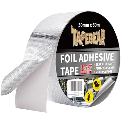 TAPEBEAR Aluminum Foil Heat Shield Tape 2inch x 65Yards, Aluminized Fiberglass Cool Tape 5.5mil Thick Heat Resistant Tape Thermal Barrier for Air Dryer Vent, HVAC, Heating Unit, Hose and Pipe, 196Ft - size: 2inch x 65yard