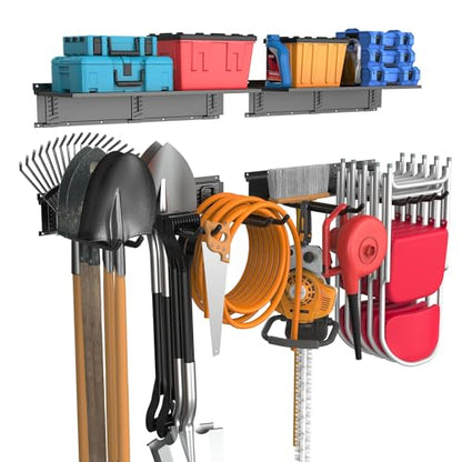 WALMANN Wall Mounted Garden Tool Rack with Shelves for Garage, Heavy Duty Folding Chair Hangers, 11-Inch Tool Storage Hooks for Shovels, Rakes, Ladders(Tool Rack with Shelf) - style: Tool Rack with Shelf