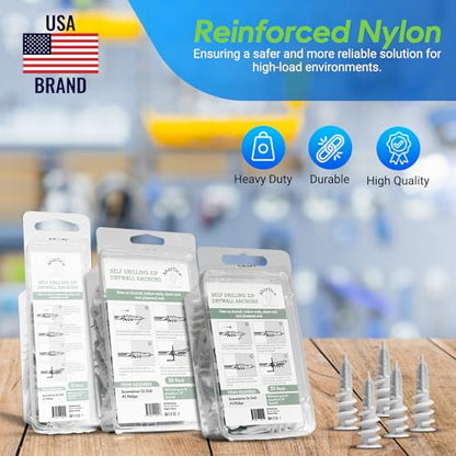 Reinforced Nylon 66 Drywall Anchors 90lb Limit, Self Drilling, Home Improvement Value Pack for Home Projects & Picture Hanging Kit, 25 Plastic Dry Wall Expansion Anchors and 25 Sheetrock Screws - style: 25 Pack