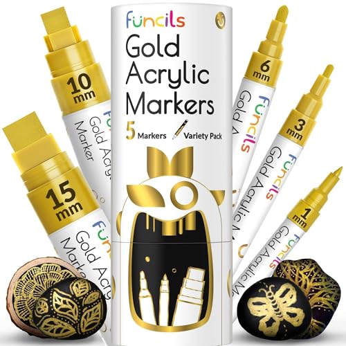 5 Acrylic Gold Paint Pen Metallic - Gold Marker Metallic Paint for Wood, Fabric, Canvas, Leaf, Tire, Metal, Glass - Permanent Pen Fine Tip, Thin Point & Jumbo (1mm, 3mm, 6mm, 10mm, 15mm) - color: Gold
