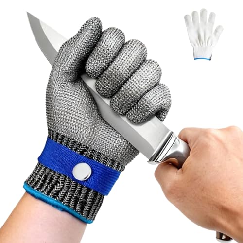 A9 Cut Resistant Chainmail Gloves – Stainless Steel Mesh Metal Glove with Adjustable Wrist Buckle & Nylon Liner Gloves - color: Silver, size: X-large (Pack of 1)