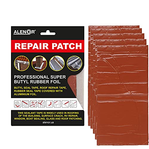 Alenor Brown Butyl All Weather Repair Patch 4"x6" (Pack of 5) Waterproof Sealing Patch Roof Leak Indoor Outdoor Pipe Repair HVAC Vent Air Conditioner Window Seal Rain Gutters Flashing Auto Boats