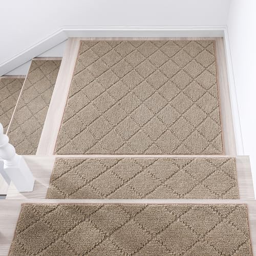COSY HOMEER Edging Stair Treads Non-Slip Corner Indoor Stair Runners for Wooden Steps,Landing Slip Resistant Stair Rugs Mat for Kids and Dogs,100% Polyester TPE Backing,Beige,30x30 inch - color: Beige, size: 30 X 30 Inches (1 Piece)