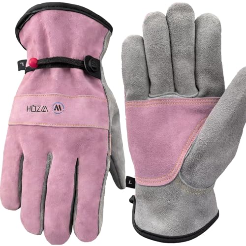 WZQH Leather Work Gloves for Men or Women. Large Glove for Gardening, Tig/Mig Welding, Construction, Chainsaw, Farm, Ranch, etc. Cowhide, Cotton Lined, Utility, Firm Grip, Durable. Pink-Grey L - color: Pink - Grey, size: Large (Pack of 1)