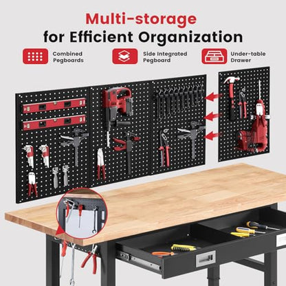 ENJOYWOOD 60" Adjustable Height Workbench with Drawers, Rubberwood Top, Pegboard & Power Outlets, Heavy Duty Work Table for Garage, Workshop & Home - size: XX-Large