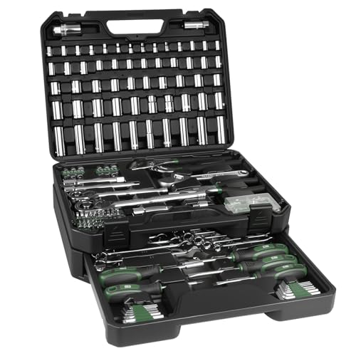 Prostormer Mechanics Tool Set with Drawer Box, 279-Piece SAE and Metric Mechanic Tool Kit with Wrenches & Sockets, General Tool Kit for Car, Motorcycle, Home Repair (Green) - color: Green