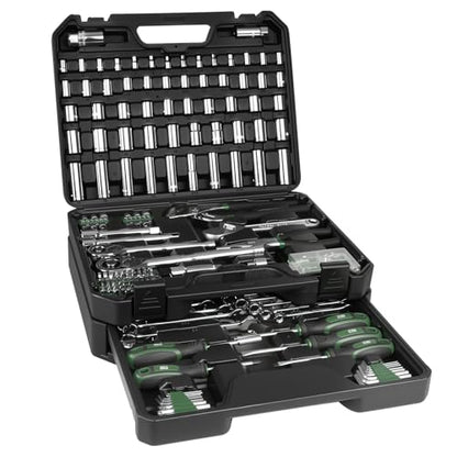 Prostormer Mechanics Tool Set with Drawer Box, 279-Piece SAE and Metric Mechanic Tool Kit with Wrenches & Sockets, General Tool Kit for Car, Motorcycle, Home Repair (Green) - color: Green