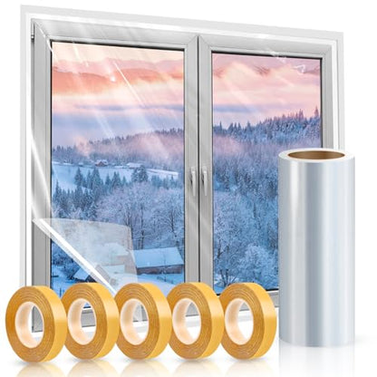 Window Insulation Kit, 63 × 394 Inch Plastic Window Covering for Winter, Window Insulation Film Window Wrap Insulation Windows Winterizing Kit with Double-Sided Tape for 10 Pcs 3 x 5 Ft Windows - size: 63 × 394 Inch