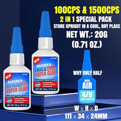 40g(1.4oz) 100/1500 CPS (Thin/Thick) CA Glue, Cyanoacrylate Super Glue for Wood, Glass, Metal, Paper, Leather, Plastic, Ceramic, Rubber, Jewelry, Woodworking, Hobby Models, and Craft Project - size: Clear/100CPS+1500CPS