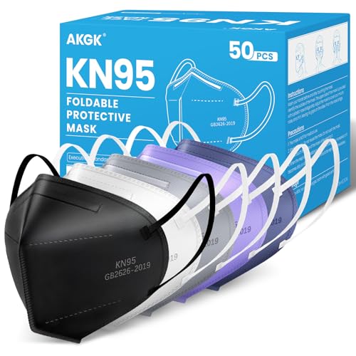 akgk KN95 Face Mask, Breathable Protection Masks, 5-Ply KN95 Multicolor Masks, Cup Dust Safety Masks 50 PCS(Black, White, Grey, Purple, Navy Blue) - color: Multi