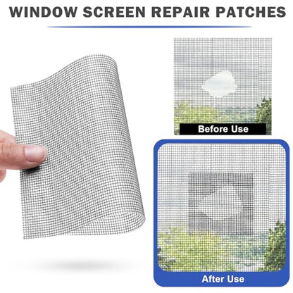 16PCS Window Screen Patch Kit 5"×7" & 4.5"×4.5" – Fiberglass Self-Adhesive Waterproof Mesh Tape for Tears & Holes, Strong Quick Fix for Door Mesh