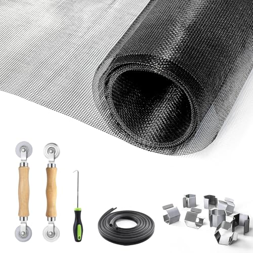 King&Charles Window Screen Door Repair/Replacement Kit, Include Black Screen Mesh 59"x106"+ 2 Roller+50Ft Spline+8Clips+Hook, 6 in 1 Window Mesh Kit, Steel/Nylon Bearing Roller - color: Black, size: 59"×106" Kit