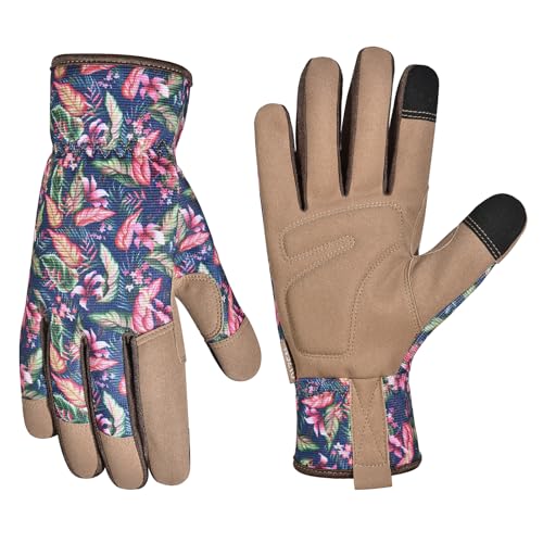 Gardening Gloves for Women and Men, Garden Gloves with Touch Screen, Thorn Proof Puncture Resistant Working Gloves, Gardening Gifts for Women,Blue-brown flowers M - color: Blue-brown Flowers, size: Medium