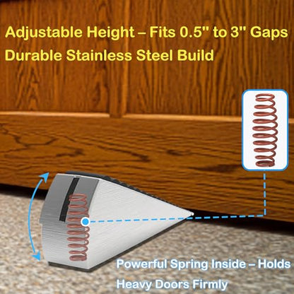 Heavy Duty Door Stopper, Stainless Steel and Rubber, Spring-Loaded Adjustable Design, Non-Slip Metal Wedge for Home and Office (4)