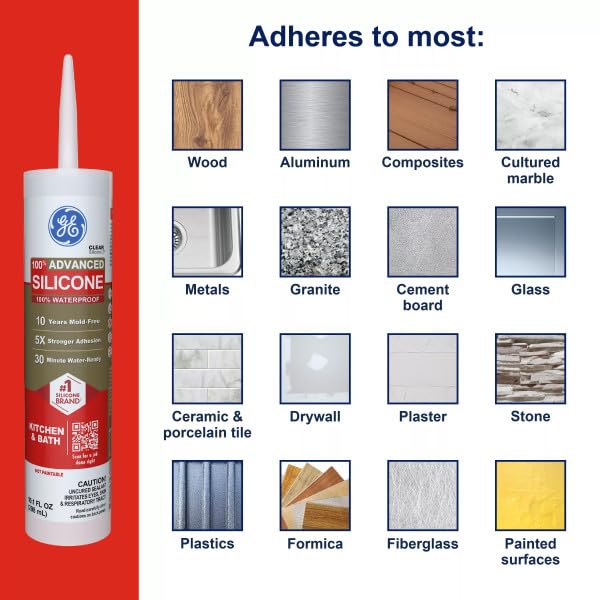 GE Advanced Silicone Caulk for Kitchen & Bathroom, White, 10 fl oz Cartridge, 12 Pack - 100% Waterproof Silicone Sealant, 5X Stronger Adhesion, Shrink & Crack Proof - color: White, size: Pack of 12