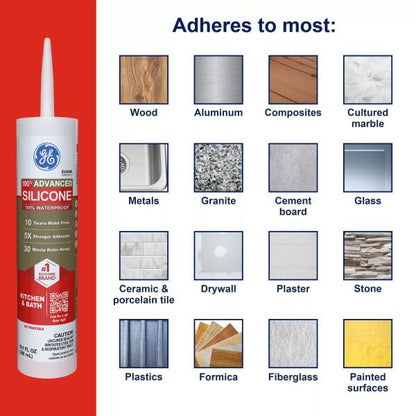 GE Advanced Silicone Caulk for Kitchen & Bathroom, White, 10 fl oz Cartridge, 12 Pack - 100% Waterproof Silicone Sealant, 5X Stronger Adhesion, Shrink & Crack Proof - color: White, size: Pack of 12
