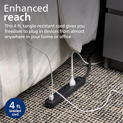 Philips 4-Outlet Surge Protector, 4ft Braided Cord, 1-USB-C, 1-USB-A, Extension Cord, Power Strip, for Home, School, or Office, 15W, 450J, Black, SPP3393B/37 - style: 4 Outlet | USB-C
