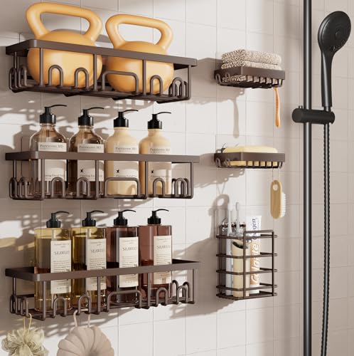 Veken Shower Caddy 6-Pack, No Drilling & Rustproof, Waterproof Adhesive Shelves Rack with Soap Holder, Large Capacity Bathroom Organizers and Storage, Wall-Mounted Kitchen & Home Decor - color: J. Brown