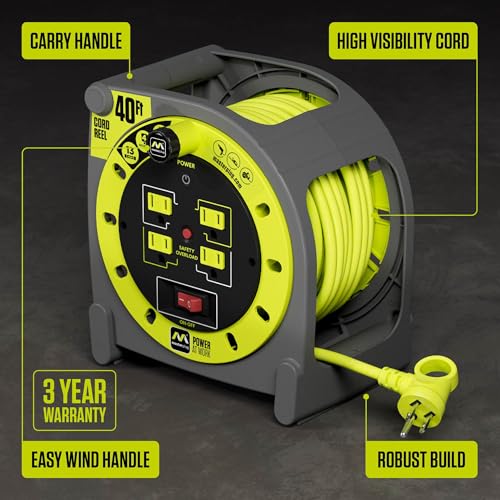 Masterplug 40ft Case Cord Reel, Retractable Extension Lead with Winding Handle, Safety Overload Circuit Breaker and Power Switch, 4X Grounded Outlets, 13amps, 14AWG Cable - size: 40ft