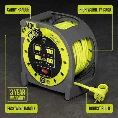 Masterplug 40ft Case Cord Reel, Retractable Extension Lead with Winding Handle, Safety Overload Circuit Breaker and Power Switch, 4X Grounded Outlets, 13amps, 14AWG Cable - size: 40ft