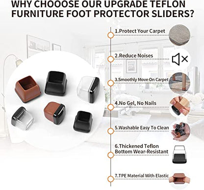 Ezprotekt Chair Leg Sliders for Carpet, 24 Pcs Square Chair Glides for Carpet, Carpet Furniture Pads Stool Leg Protectors Caps, Carpet Furniture Glides Quickly and Easily (L Fit:1" - 1.4") - size: L - Clear