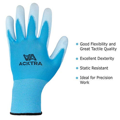 ACKTRA Ultra-Thin PU Safety WORK GLOVES 12 Pairs, WG002 Blue/White, Large - color: Blue/White, size: Large (Pack of 12)
