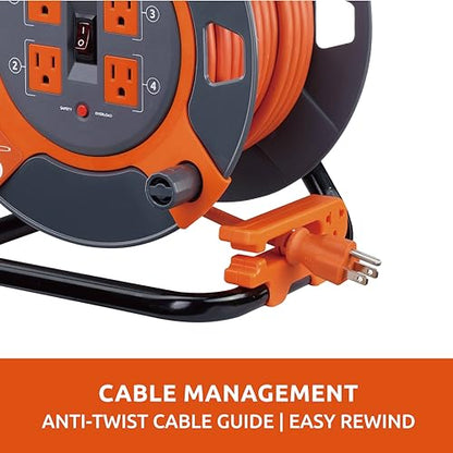 Link2Home Cord Reel 80 ft. Extension Cord 4 Power Outlets – 14 AWG SJTW Cable. Heavy Duty High Visibility Power Cord. - size: 80 ft