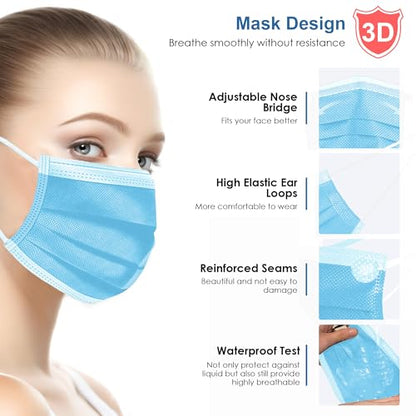NNPCBT Blue Disposable Face Masks 125 Pack,3-Ply Breathable Mask For Adults,Great For Outdoors,Home, Office, School - color: Adult-125 Pack-blue
