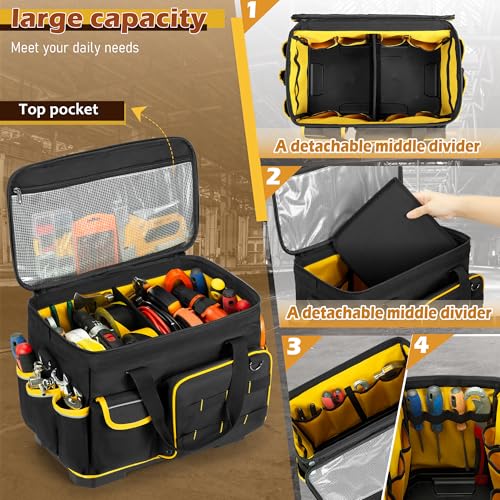 Marscamd 16-inch Tool Bag with Hard Bottom and a Detachable Divider, Heavy Duty Tool Tote with Multiple Pockets, Black