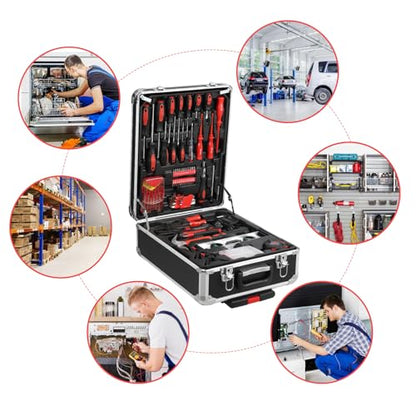 GraveeTech 800pcs Aluminum Trolley Case Tool Set Home Repair Tool Set, General Household Tool Kit w Rolling Tool Box, Toolbox Storage Case w 4 Drawers for Maintenance, Perfect for Homeowner, Handyman