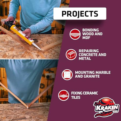 KRAKEN BOND No More Nails Clear Polyurethane Adhesive - 100% Waterproof (D4) and Sealant for Wood, Ceramic, Tile, Floor, Granite, Rubber | 12 Pack, 10.1 Fl. Oz. - size: 12 Pack, style: No More Nails Adhesive