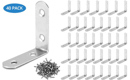 QWORK Stainless Steel L Brackets for Wood, 40Pcs 16x50mm Corner Brace with Screws, 90 Degree L Shaped Brackets for Furniture Fixation