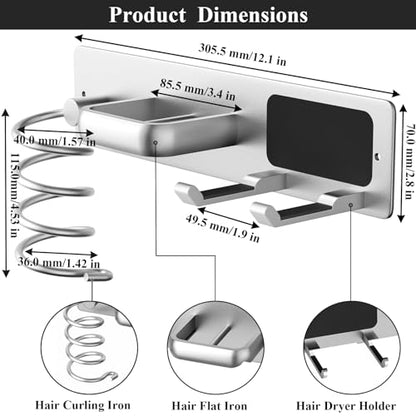 Tindbea Hair Dryer Holder Curling Iron Holder Flat Iron, Blow Dryer Holder Wall Mount, 3 in 1 Bathroom Hair Tool Organizer Rack for Universal Dryer, Silver Color - color: Silver