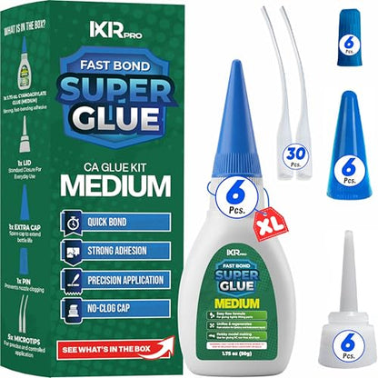 CA Glue Medium Viscosity Kit (6x1.75 oz.) Cyanoacrylate Glue, Super Glue for Everyday Repairs, Woodworking, Plastic, Ceramic, and DIY Crafts, Quick-Drying Multi-Purpose Adhesive with Easy Application - size: 6 Pack, style: Medium CA Glue