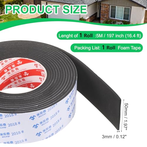 PATIKIL Sponge Rubber Foam Tape, 1 31/32" W x 1/8" t x 16.4ft l Self-Adhesive Foam Insulation Tape Weather Stripping for Window Door Soundproofing Weatherstrip AC Seal Strip, Black - size: 1 31/32" x 1/8" x 16.4ft