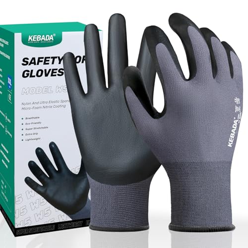 Kebada W5-12 Pairs Safety Work Gloves Foam Nitrile Coated, Seamless Knit Nylon Glove with Grip, Ideal for Mechanic, Warehouse, Construction & Gardening, XX-Large - color: W5 Grey (12 Pairs), size: XX-Large