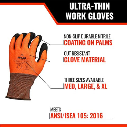 Malta Dynamics Safety Work Gloves – 12 Pack Nitrile Coated Ultra-Thin Mens Work Gloves with Cut Level 2 Protection, Touch Screen Compatible OSHA and ANSI Compliant (Medium) - size: Medium