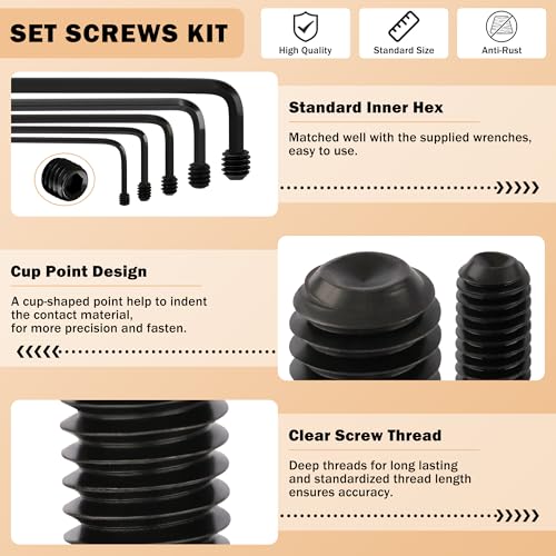 490Pcs Set Screw Assortment Kit, SAE 12.9 Alloy Steel Grub Screws, Hex Socket Internal Allen Drive Cup Point Set Screws, 12 Sizes (1/8-40 to 5/16-18) for Door Handles Bathroom Fixtures - size: 490PCS 12Size SAE