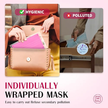 Disposable Face Mask For Adults - Travel Essentials, 100 Pack Individually Wrapped, 4 Ply Protection,Safety Masks Disposable - color: Pink
