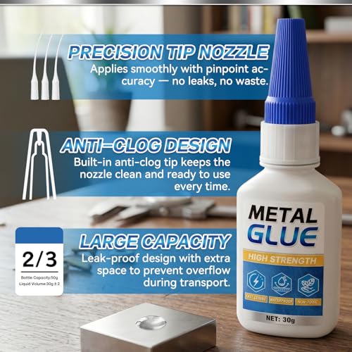 Metal Glue, Super Glue for Metal 30g Heavy Duty Instant Adhesive, Fast Drying Clear CA Adhesive for Stainless Steel, Aluminum, Iron, Jewelry Repair, DIY Crafts, Waterproof Strong Bonding
