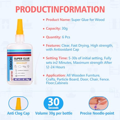 Super Glue for Jewelry Bracelet with Anti Clog Cap. 6 X 1 Fl Oz,Ca Glue - Adhesive Clear Glue for Bracelets,Necklaces,Clay Beads, Bead Charms, Punctuation Beads,Heishi Beads,Quick Dry - style: Bracelet-Glue